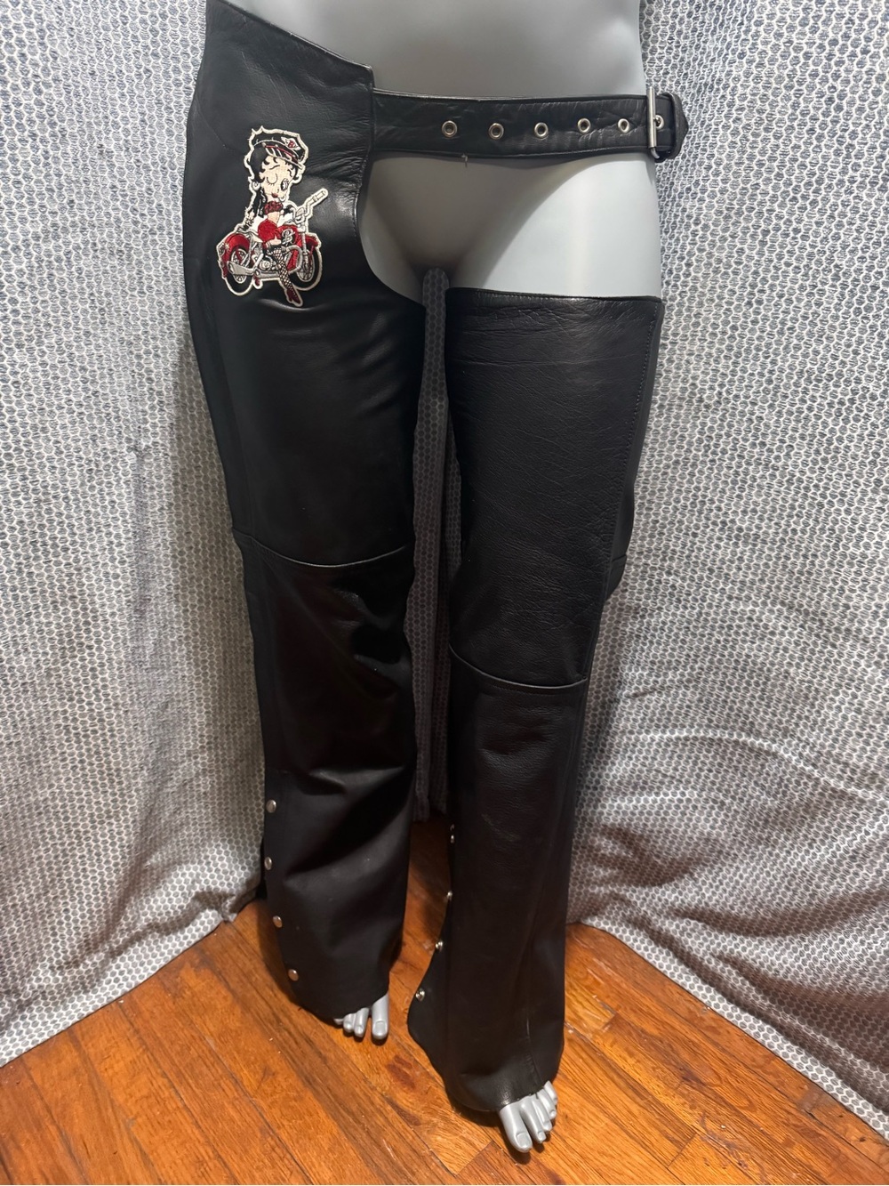 Unik Black Leather Moto Chaps with Betty Boop Patch